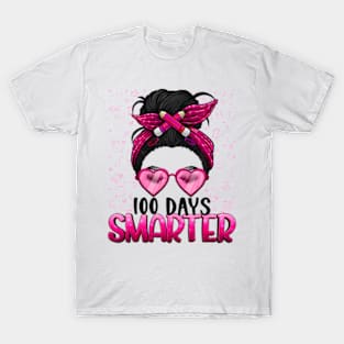 100 Days Smarter Girls Messy Bun Hair 100 Days Of School T-Shirt